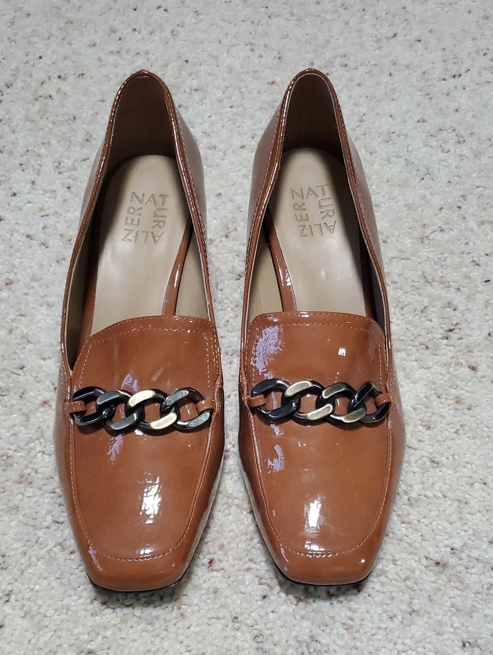 Naturalizer Rust Brown Patent Loafers with Black and Gold Chain Trim